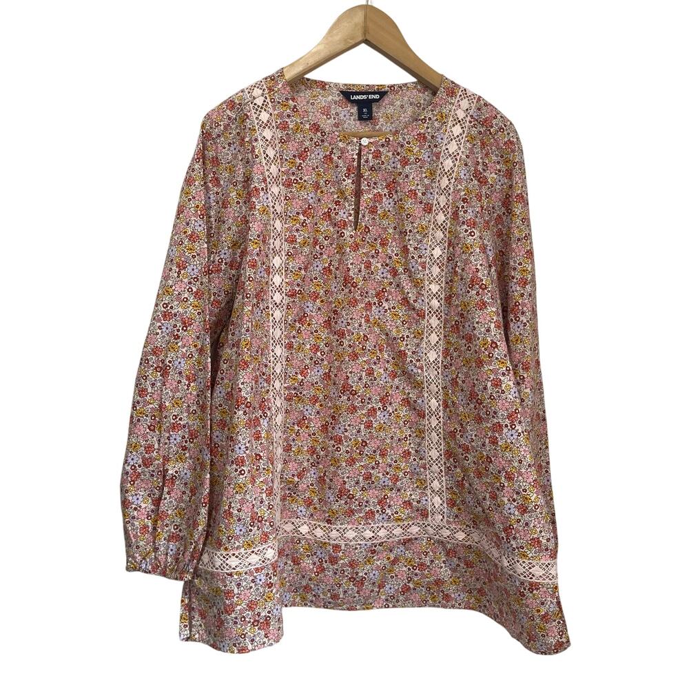 Lands’ End Floral Eyelet Keyhole Tunic Blouse Long Sleeve Boho Sz‎ XL